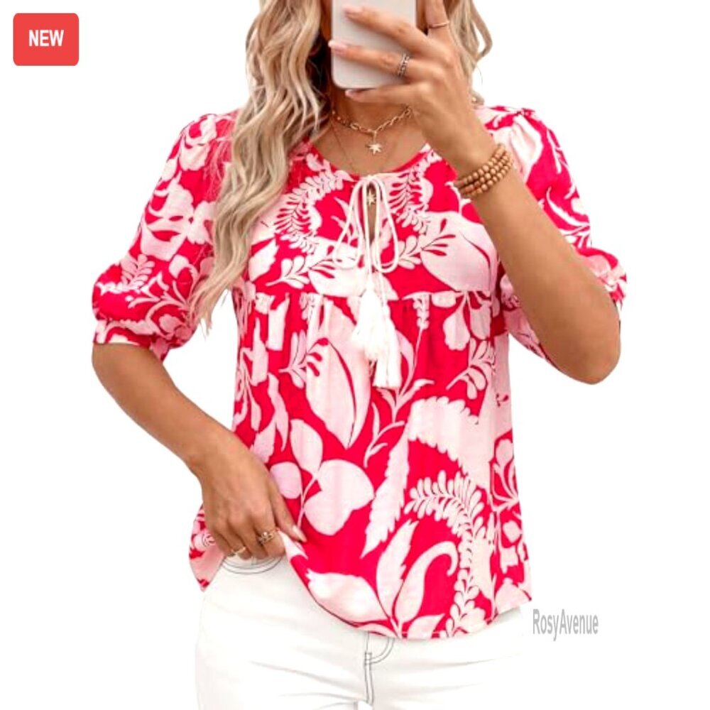 Boho Puff Sleeve Blouse Tie Front V Neck Casual Summer Top - Picture 6 of 7
